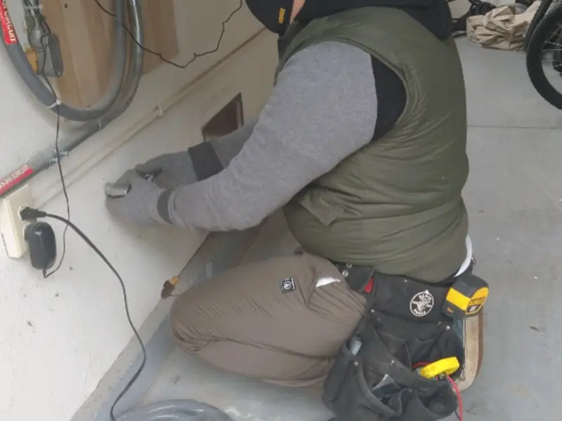 Electrician performing outlet wiring in a New Haven garage